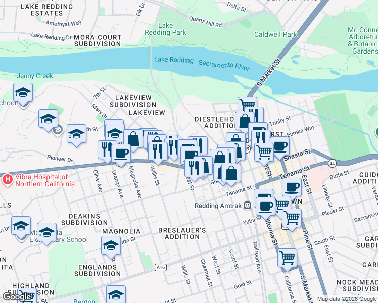 map of restaurants, bars, coffee shops, grocery stores, and more near 1146 North Court Street in Redding