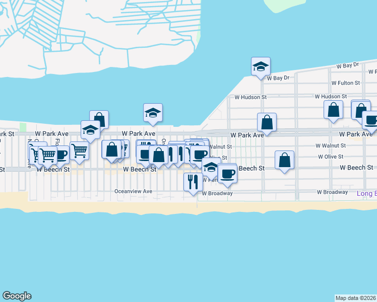 map of restaurants, bars, coffee shops, grocery stores, and more near 75 California Street in Long Beach