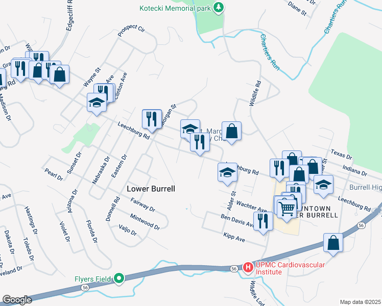 map of restaurants, bars, coffee shops, grocery stores, and more near 3055 Leechburg Road in New Kensington
