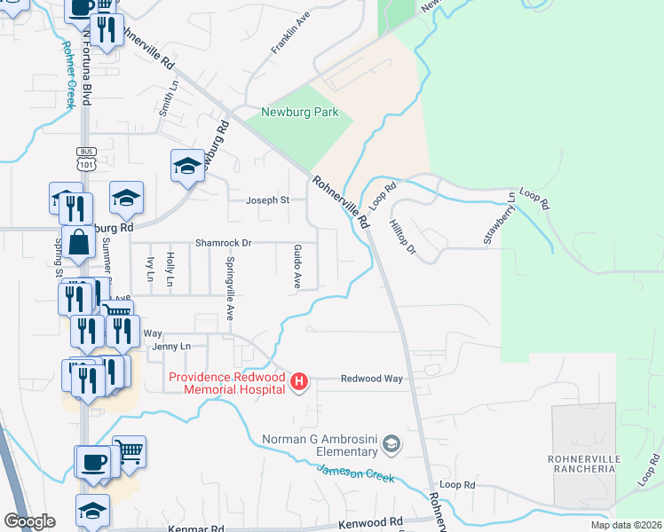 map of restaurants, bars, coffee shops, grocery stores, and more near 530 Senestraro Way in Fortuna