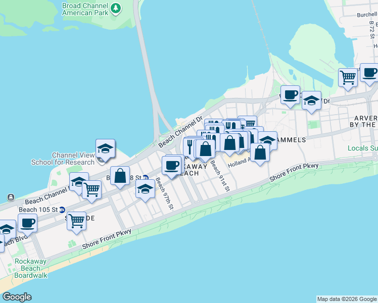 map of restaurants, bars, coffee shops, grocery stores, and more near 92- 16 Rockaway Freeway in Queens