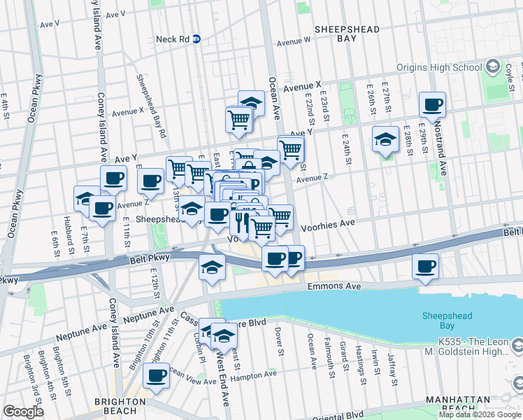 map of restaurants, bars, coffee shops, grocery stores, and more near 2652 East 18th Street in Brooklyn