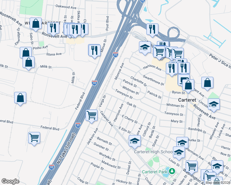 map of restaurants, bars, coffee shops, grocery stores, and more near 72 Oak Street in Carteret