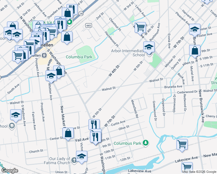 map of restaurants, bars, coffee shops, grocery stores, and more near 156 Walnut Street in Piscataway