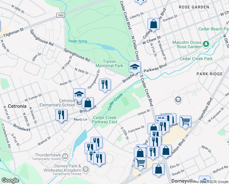map of restaurants, bars, coffee shops, grocery stores, and more near 3418 Broadway in Allentown