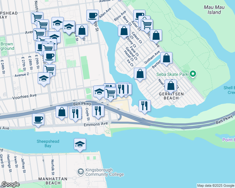 map of restaurants, bars, coffee shops, grocery stores, and more near 2734 Plumb 2nd Street in Brooklyn