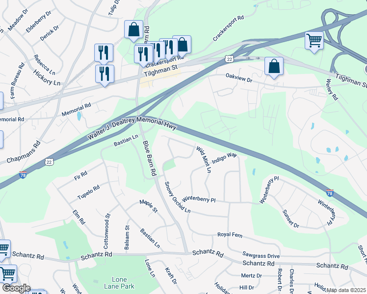 map of restaurants, bars, coffee shops, grocery stores, and more near 5735 Snowy Orchid Lane in Allentown