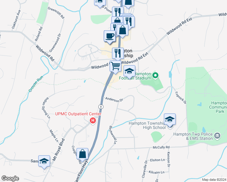 map of restaurants, bars, coffee shops, grocery stores, and more near 4554 William Flinn Highway in Hampton Township