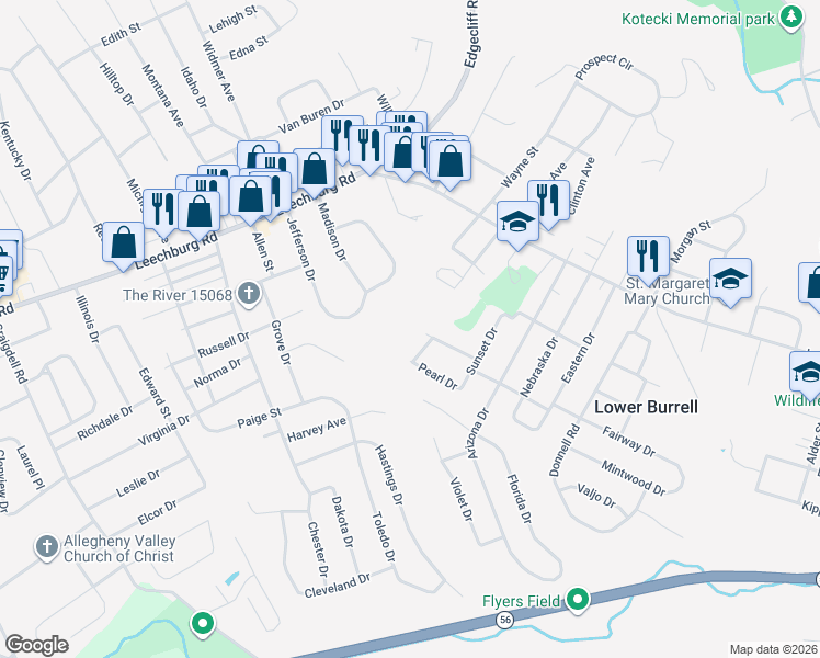 map of restaurants, bars, coffee shops, grocery stores, and more near 300 Western Way in New Kensington