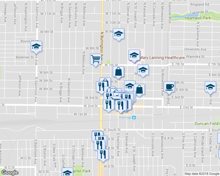 map of restaurants, bars, coffee shops, grocery stores, and more near 421 North Lincoln Avenue in Hastings