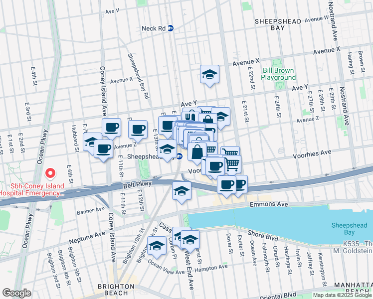 map of restaurants, bars, coffee shops, grocery stores, and more near 1524 Sheepshead Bay Road in Brooklyn