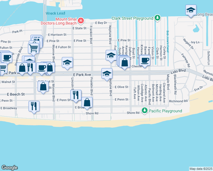 map of restaurants, bars, coffee shops, grocery stores, and more near 217 Neptune Boulevard in Long Beach