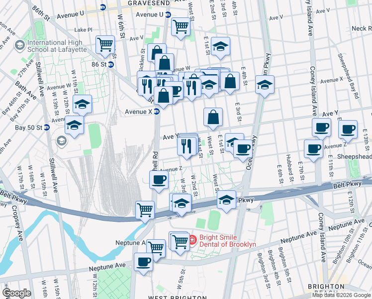 map of restaurants, bars, coffee shops, grocery stores, and more near 2542 West 3rd Street in Brooklyn