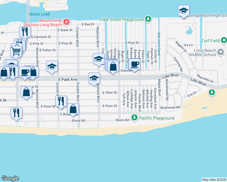 map of restaurants, bars, coffee shops, grocery stores, and more near 215 Roosevelt Boulevard in Long Beach