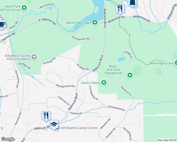 map of restaurants, bars, coffee shops, grocery stores, and more near 9802 Presidential Drive in McCandless