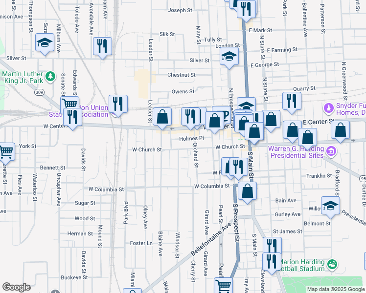 map of restaurants, bars, coffee shops, grocery stores, and more near 310 West Church Street in Marion