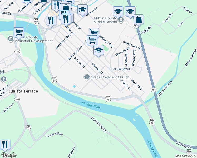 map of restaurants, bars, coffee shops, grocery stores, and more near 709 South Grand Street in Lewistown