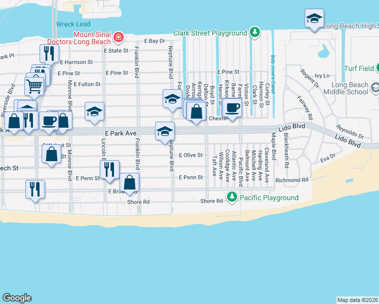map of restaurants, bars, coffee shops, grocery stores, and more near 632 East Olive Street in Long Beach