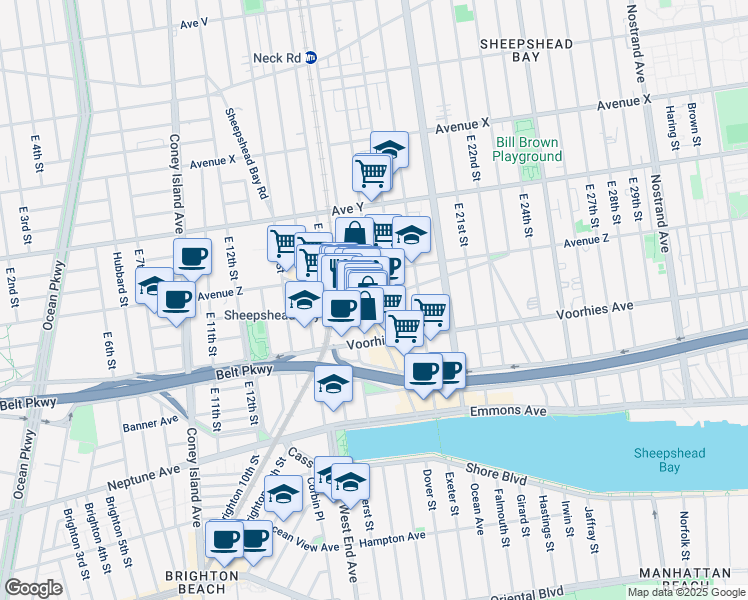 map of restaurants, bars, coffee shops, grocery stores, and more near 1610 Sheepshead Bay Road in Brooklyn