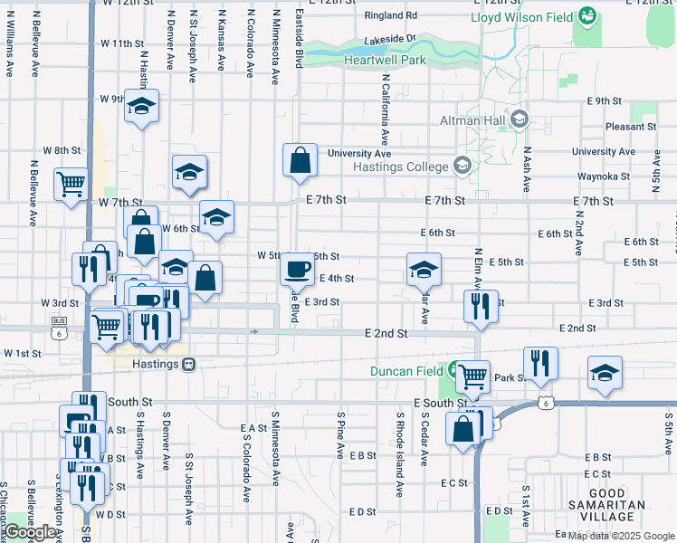 map of restaurants, bars, coffee shops, grocery stores, and more near 100-298 E 4th St in Hastings