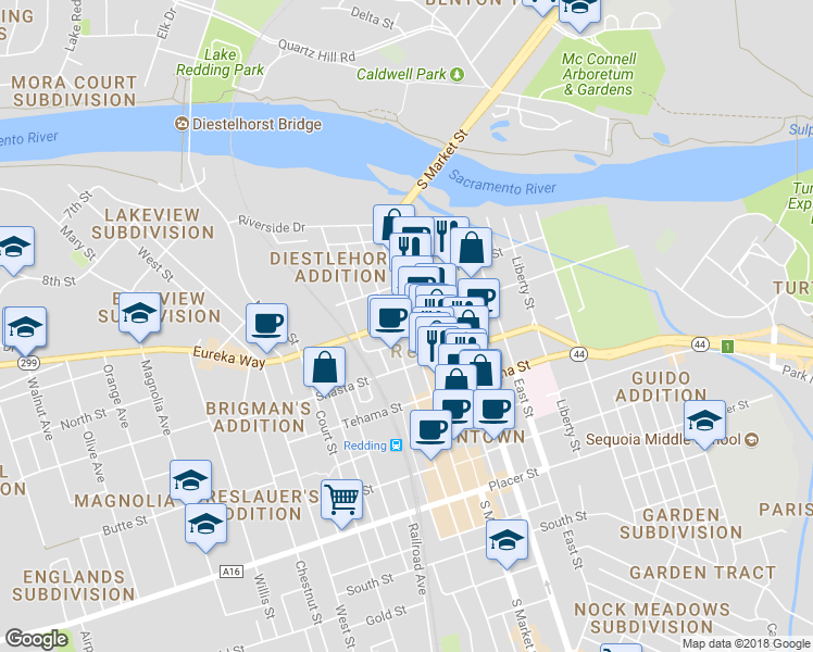 map of restaurants, bars, coffee shops, grocery stores, and more near 1445 California-Market Alley in Redding