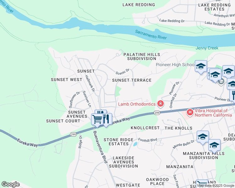 map of restaurants, bars, coffee shops, grocery stores, and more near 955 Royal Oaks Drive in Redding