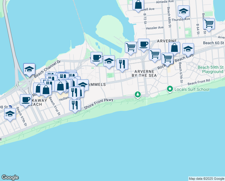 map of restaurants, bars, coffee shops, grocery stores, and more near 1-50 Beach 77th Street in Queens