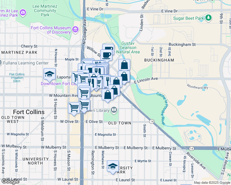 map of restaurants, bars, coffee shops, grocery stores, and more near 366 East Mountain Avenue in Fort Collins