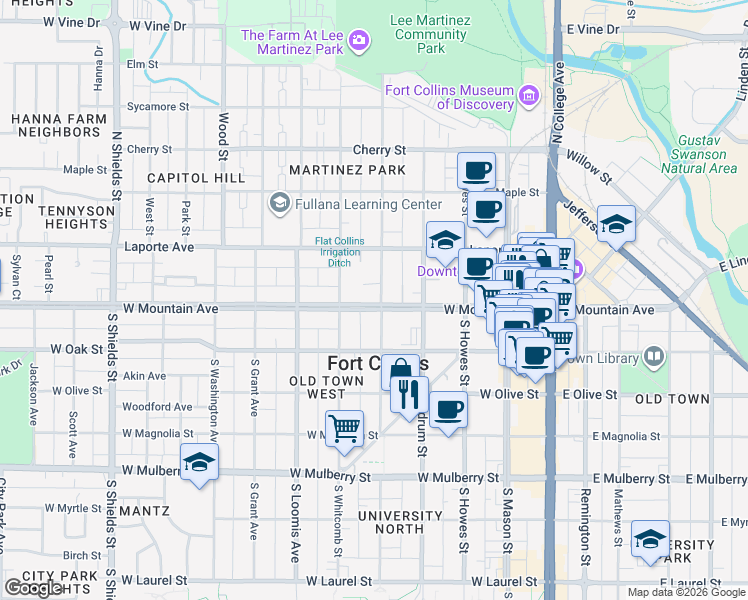 map of restaurants, bars, coffee shops, grocery stores, and more near 431 West Mountain Avenue in Fort Collins