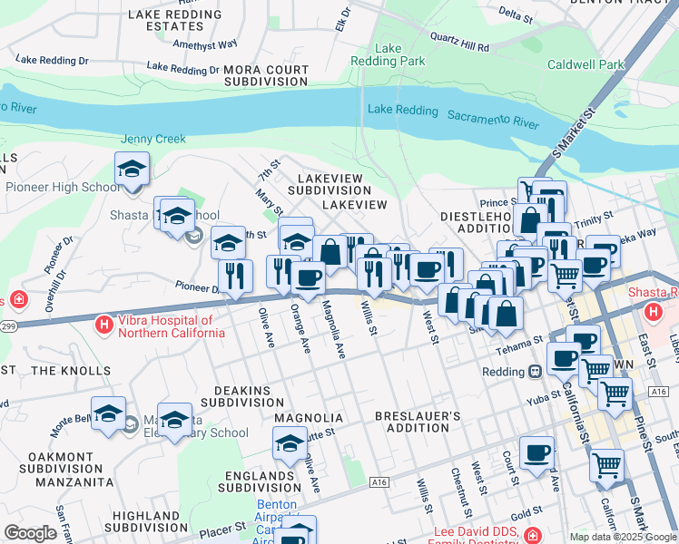 map of restaurants, bars, coffee shops, grocery stores, and more near 2132 Eureka Way in Redding