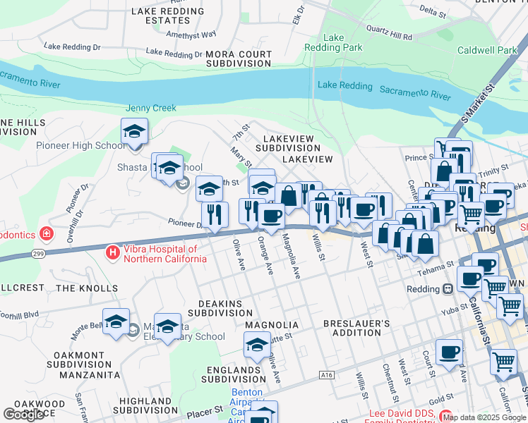 map of restaurants, bars, coffee shops, grocery stores, and more near 2200 Eureka Way in Redding