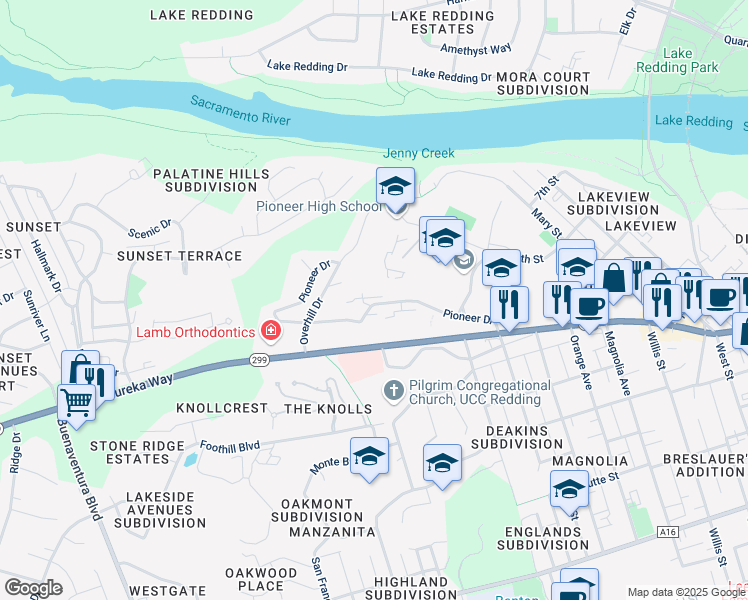 map of restaurants, bars, coffee shops, grocery stores, and more near 2845 Pioneer Drive in Redding