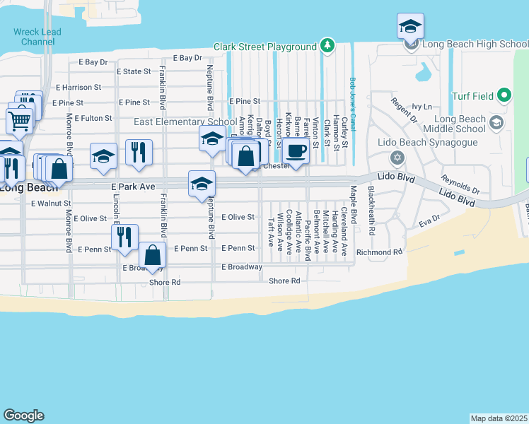map of restaurants, bars, coffee shops, grocery stores, and more near 215 Roosevelt Boulevard in Long Beach