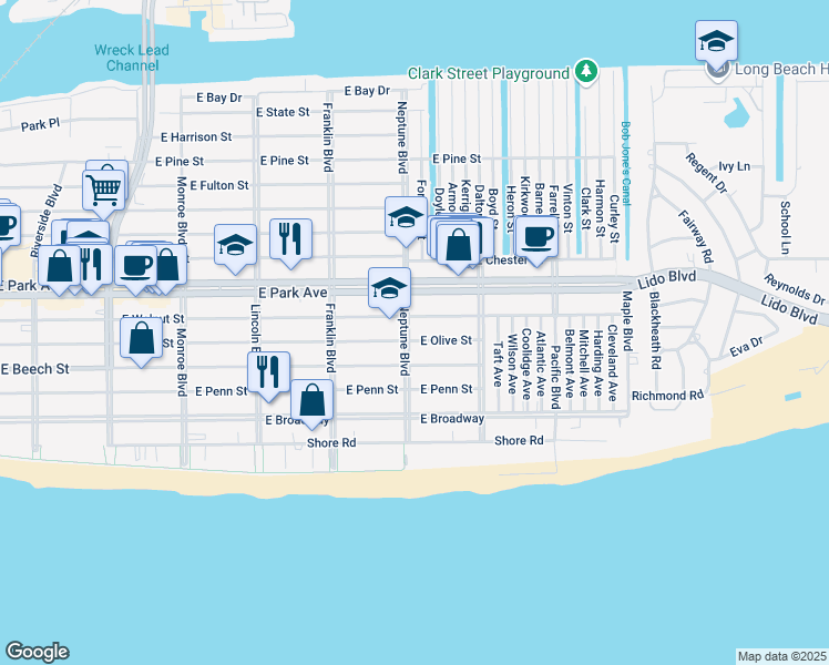 map of restaurants, bars, coffee shops, grocery stores, and more near 217 Neptune Boulevard in Long Beach