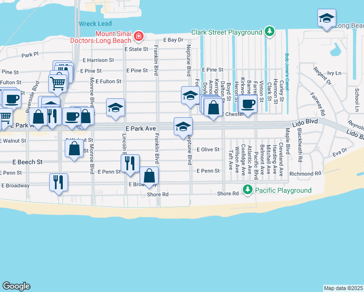 map of restaurants, bars, coffee shops, grocery stores, and more near 217 Neptune Boulevard in Long Beach