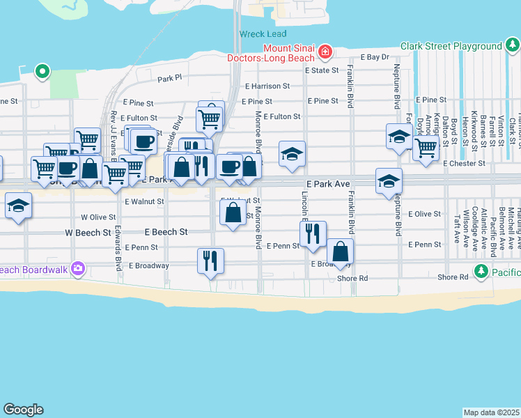 map of restaurants, bars, coffee shops, grocery stores, and more near 260 East Olive Street in Long Beach