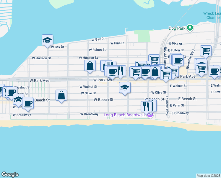 map of restaurants, bars, coffee shops, grocery stores, and more near 271 West Olive Street in Long Beach