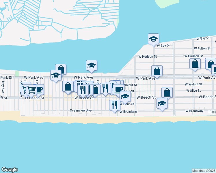 map of restaurants, bars, coffee shops, grocery stores, and more near 75 California Street in Long Beach