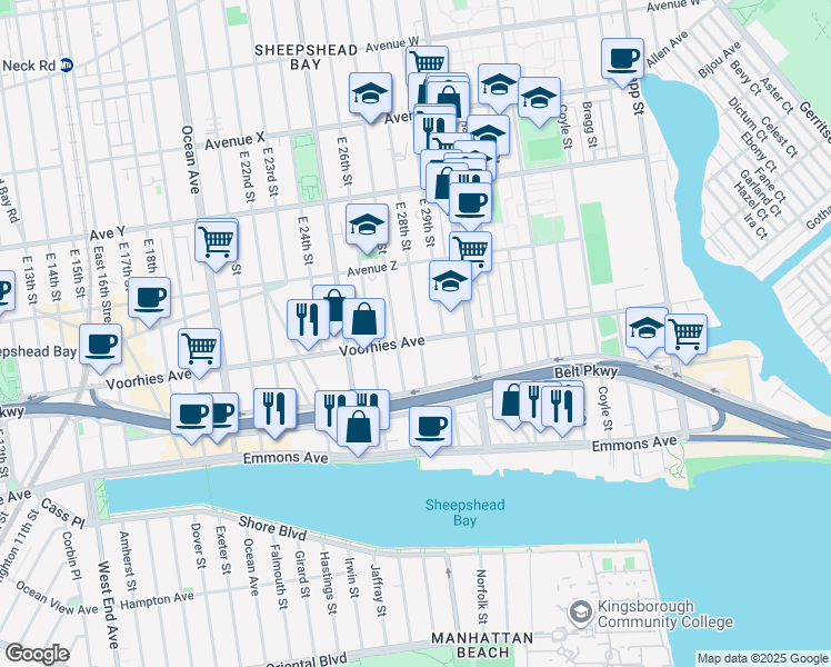 map of restaurants, bars, coffee shops, grocery stores, and more near 2703 East 28th Street in Brooklyn