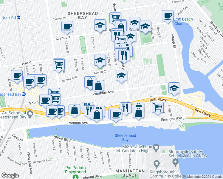 map of restaurants, bars, coffee shops, grocery stores, and more near 2703 East 28th Street in Brooklyn