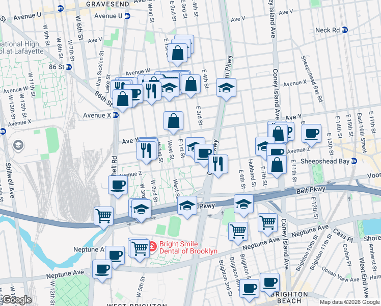 map of restaurants, bars, coffee shops, grocery stores, and more near 2568 East 2nd Street in Brooklyn