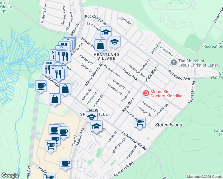 map of restaurants, bars, coffee shops, grocery stores, and more near 27 Rockne Street in Staten Island