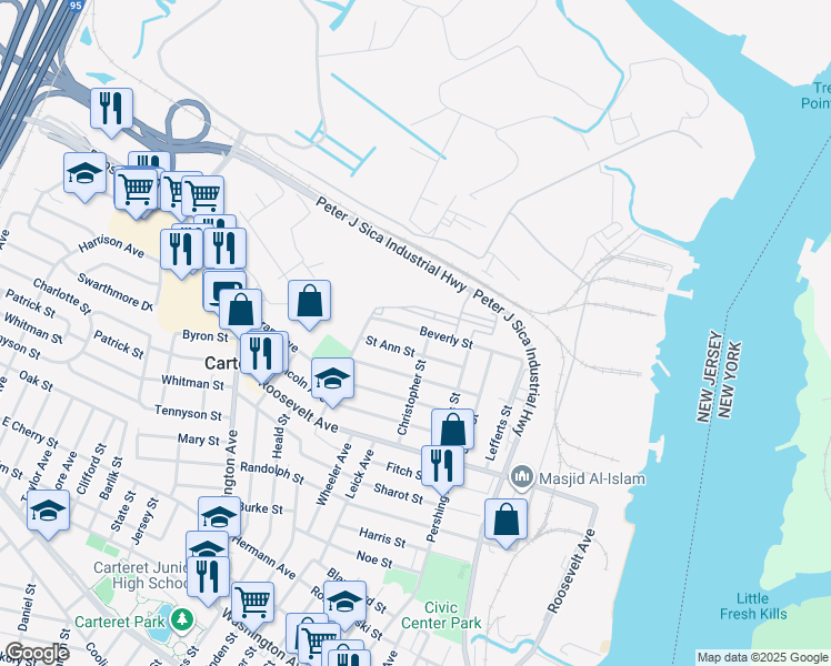 map of restaurants, bars, coffee shops, grocery stores, and more near 28 Saint Ann Street in Carteret