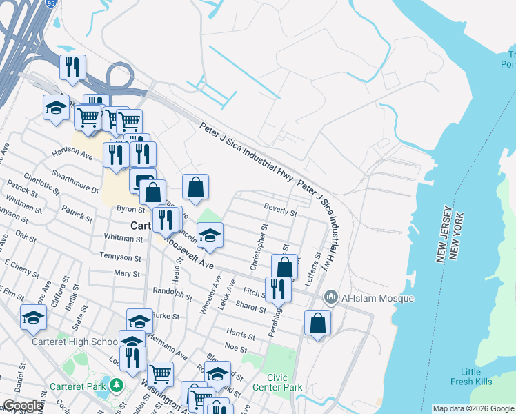 map of restaurants, bars, coffee shops, grocery stores, and more near 28 Saint Ann Street in Carteret