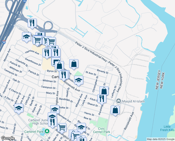 map of restaurants, bars, coffee shops, grocery stores, and more near 60 Hayward Avenue in Carteret