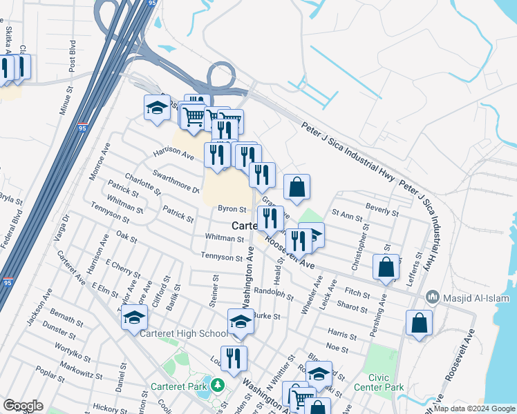 map of restaurants, bars, coffee shops, grocery stores, and more near in Carteret