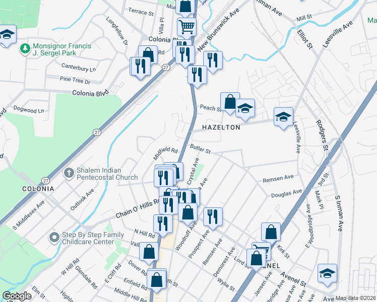 map of restaurants, bars, coffee shops, grocery stores, and more near 349 Crystal Avenue in Woodbridge Township