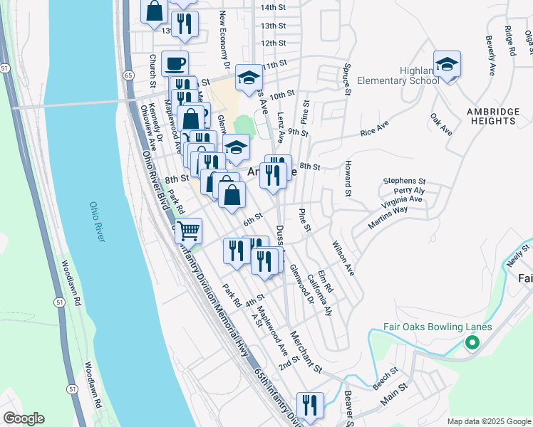 map of restaurants, bars, coffee shops, grocery stores, and more near 404 6th Street in Ambridge