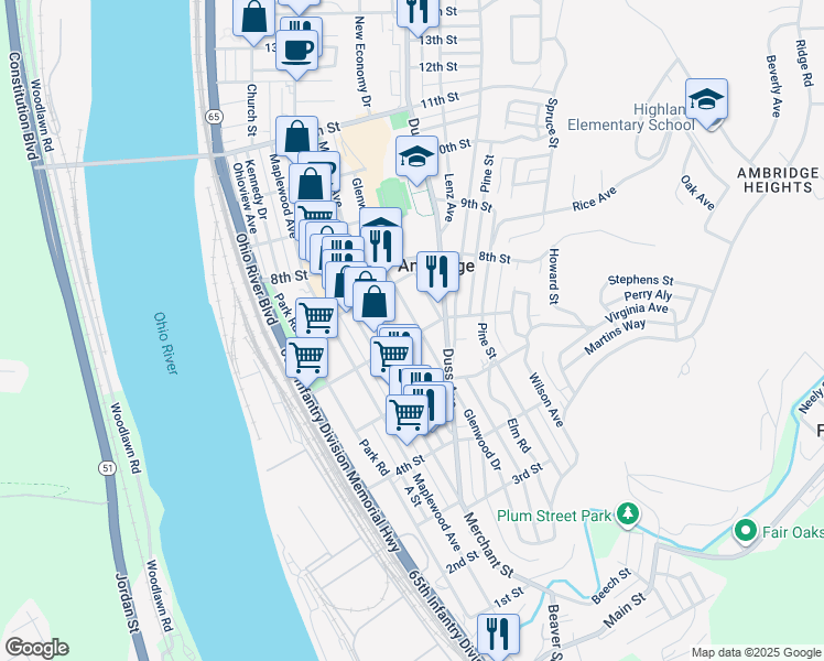map of restaurants, bars, coffee shops, grocery stores, and more near 404 6th Street in Ambridge