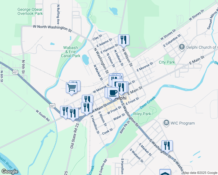 map of restaurants, bars, coffee shops, grocery stores, and more near 100-198 North Market Street in Delphi
